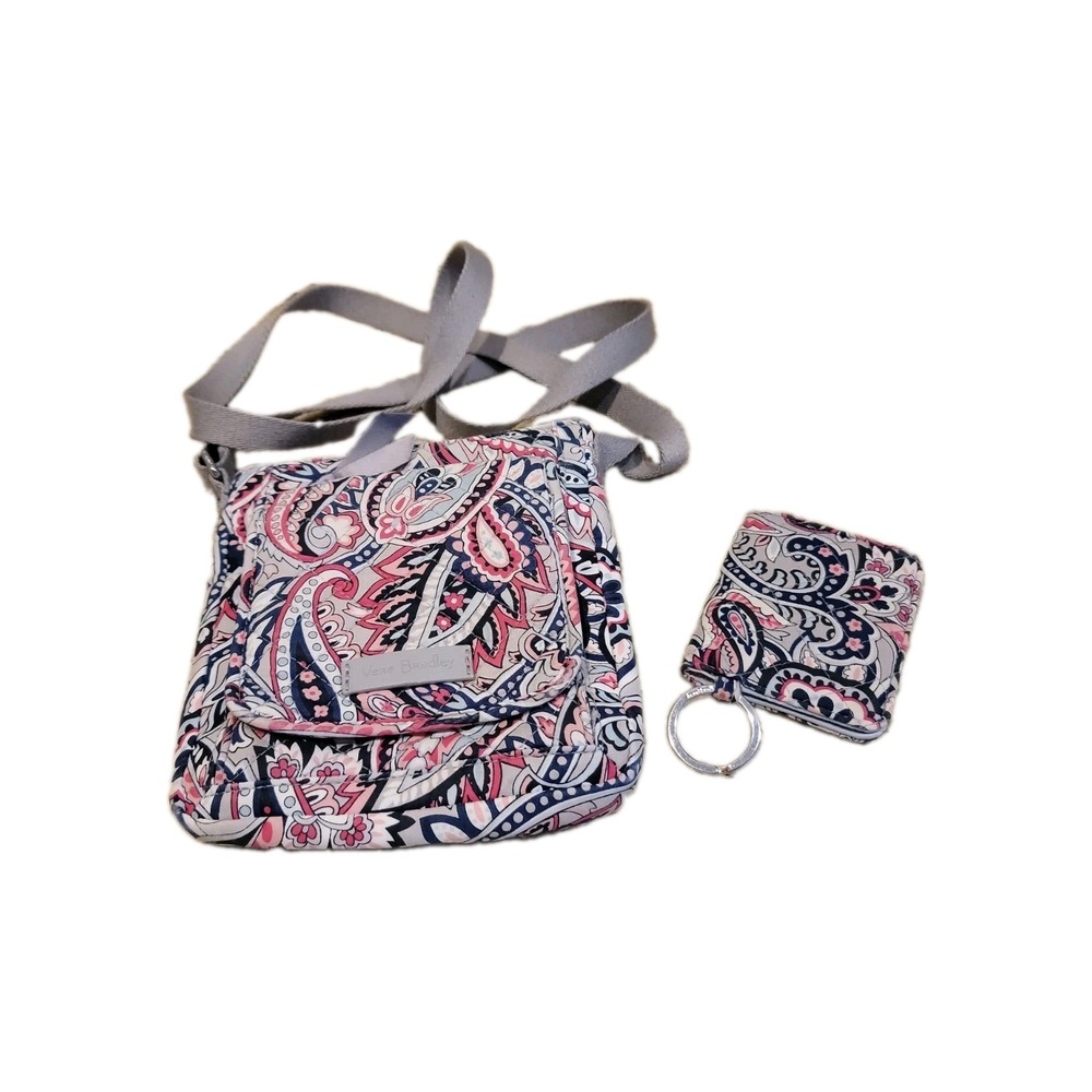 Vera Bradley Paisley Crossbody Bag Pink Blue White Gray W/ID Key Chain Pouch